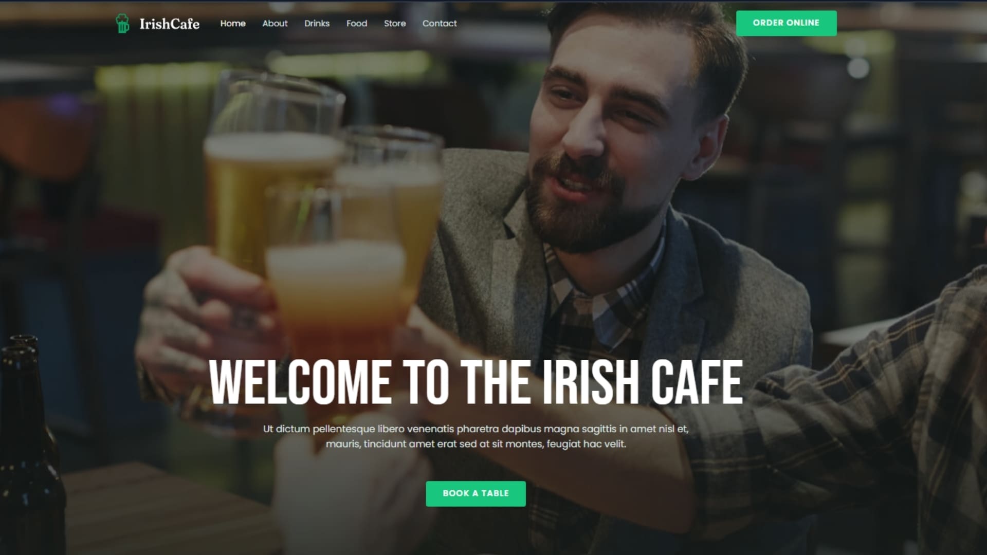 Man smiling and toasting with glasses of beer at an Irish café, showcasing a warm and inviting atmosphere for patrons.